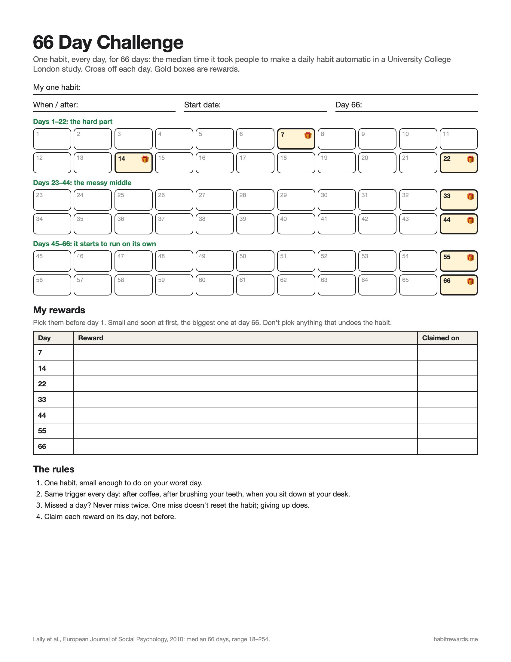 A printable 66 day challenge tracker with 66 numbered boxes in three stages and reward days marked in gold