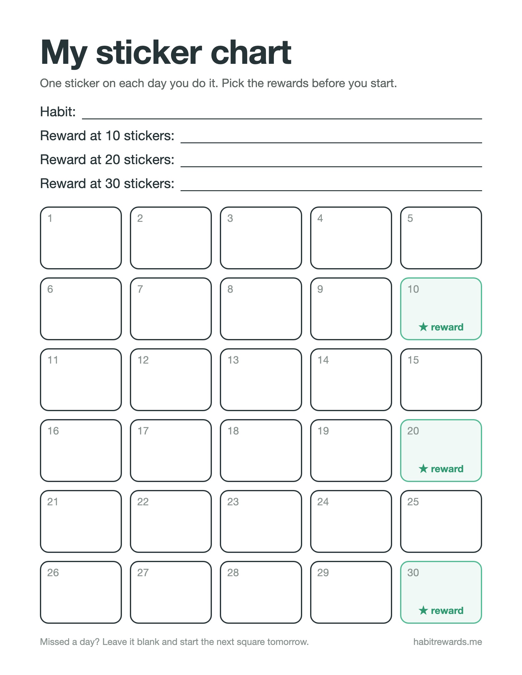 Printable adult sticker chart: 30 squares with reward squares at 10, 20 and 30 stickers