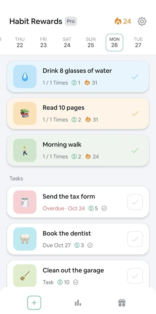 Habit Rewards home screen: a 24-day streak, and each habit shows the coins it pays