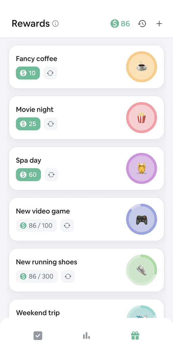 Rewards: a fancy coffee for 10 coins, a movie night for 25