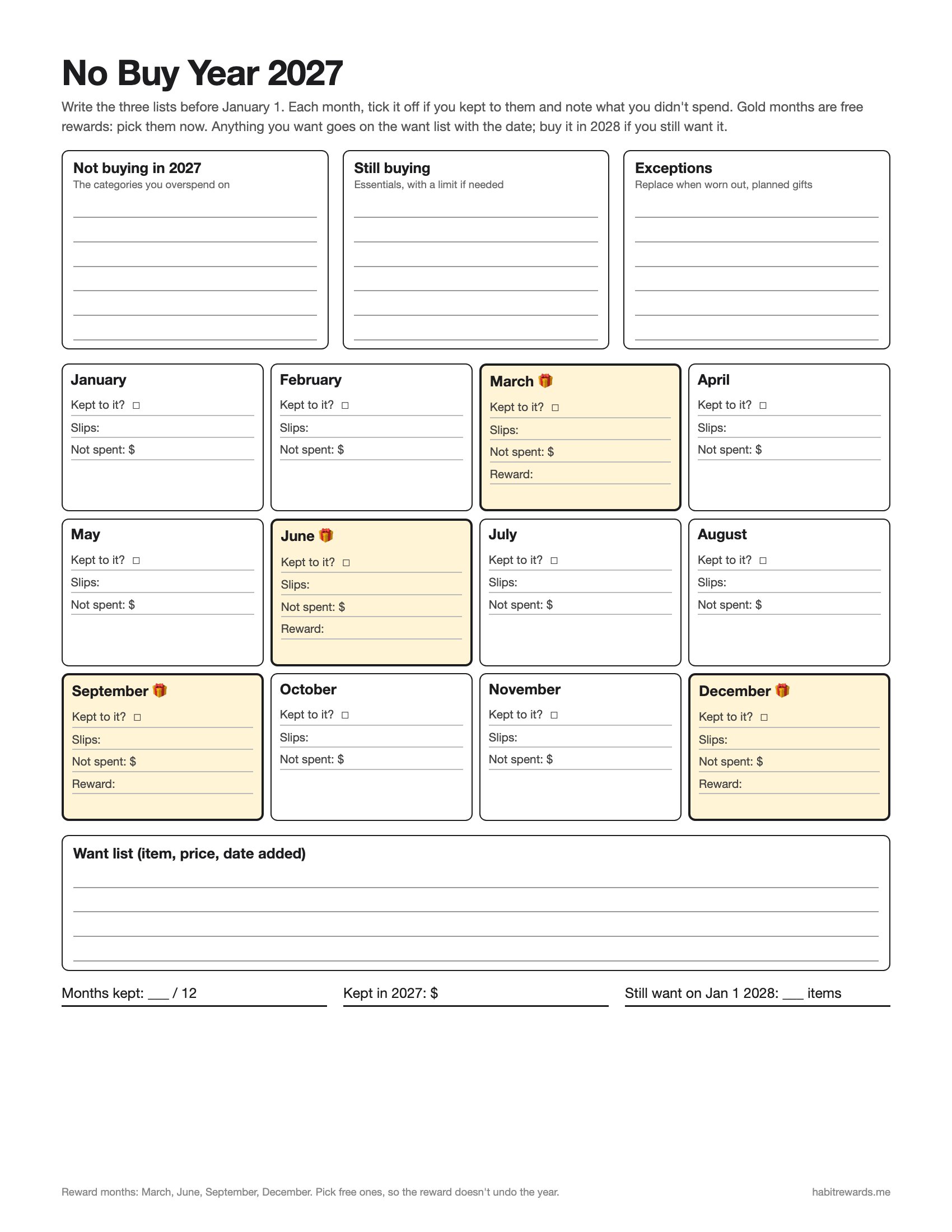 Printable No Buy Year 2027 template: not buying, still buying and exceptions lists, a box for each month from January to December with reward months March, June, September and December, a want list and year totals