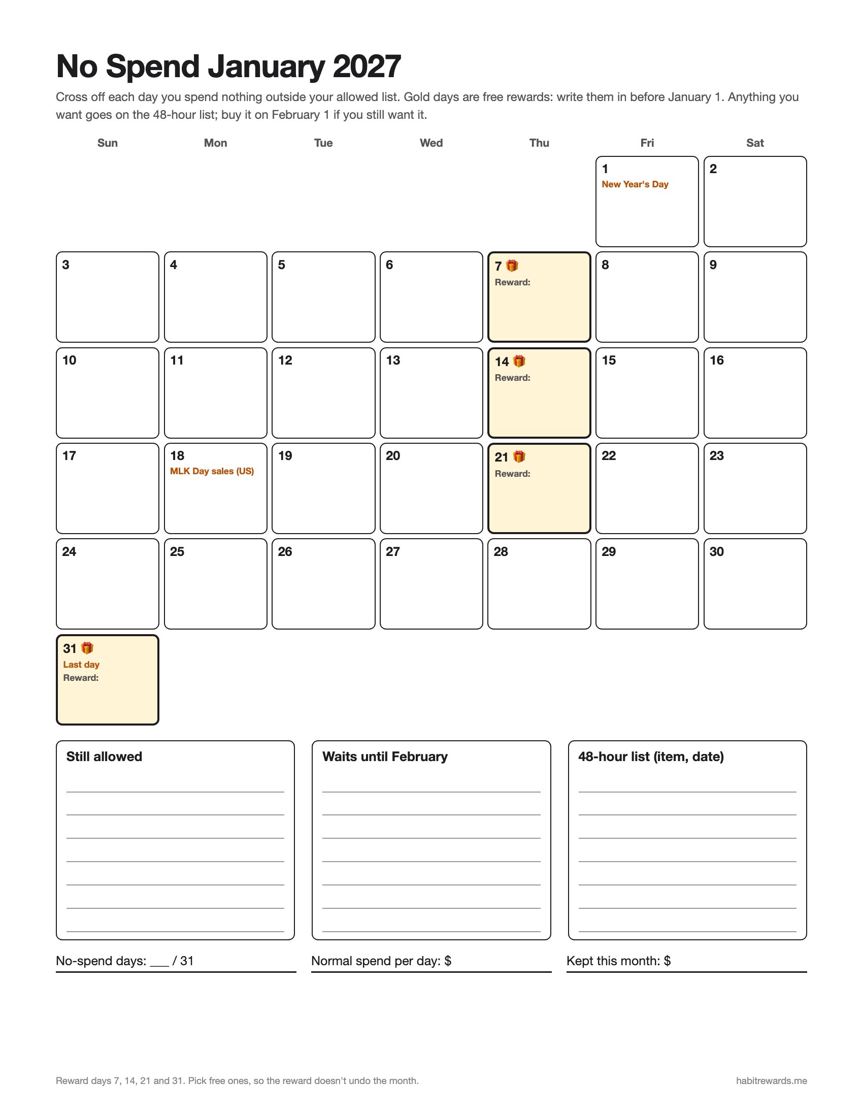 Printable No Spend January 2027 calendar: Friday Jan 1 to Sunday Jan 31, reward days 7, 14, 21 and 31, New Year's Day and MLK Day marked, plus allowed, waits-until-February and 48-hour lists