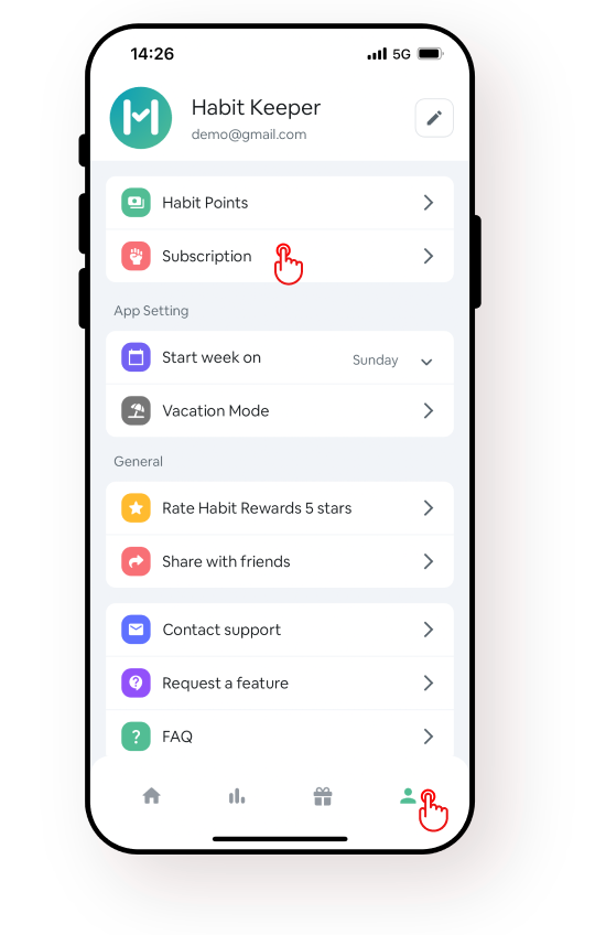Screenshot of profile page of Habit Rewards app.