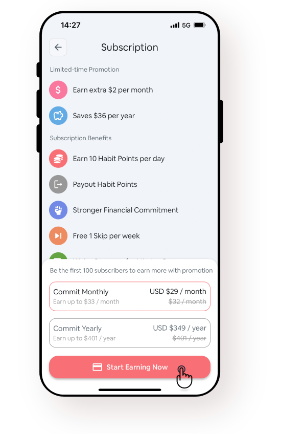 Screenshot of subscription page of Habit Rewards app.