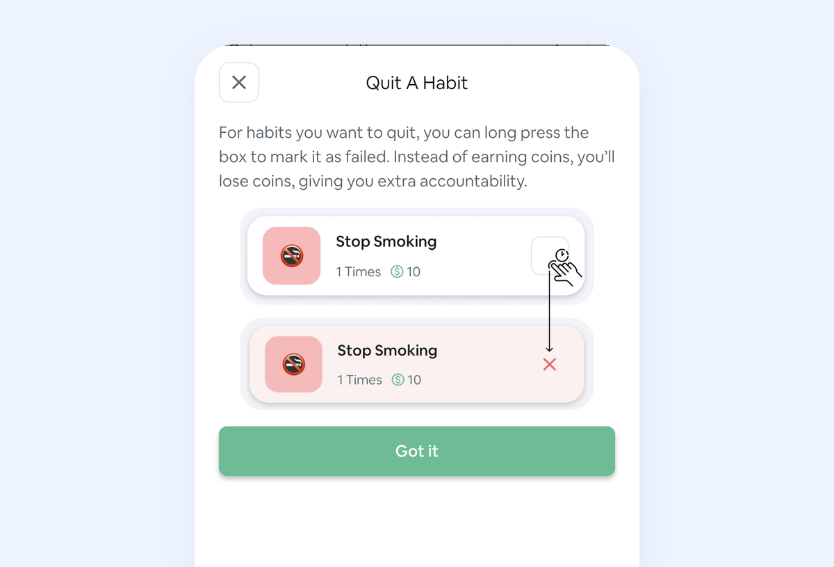 Quit a habit mode in Habit Rewards: long press a day to mark a slip, which costs coins
