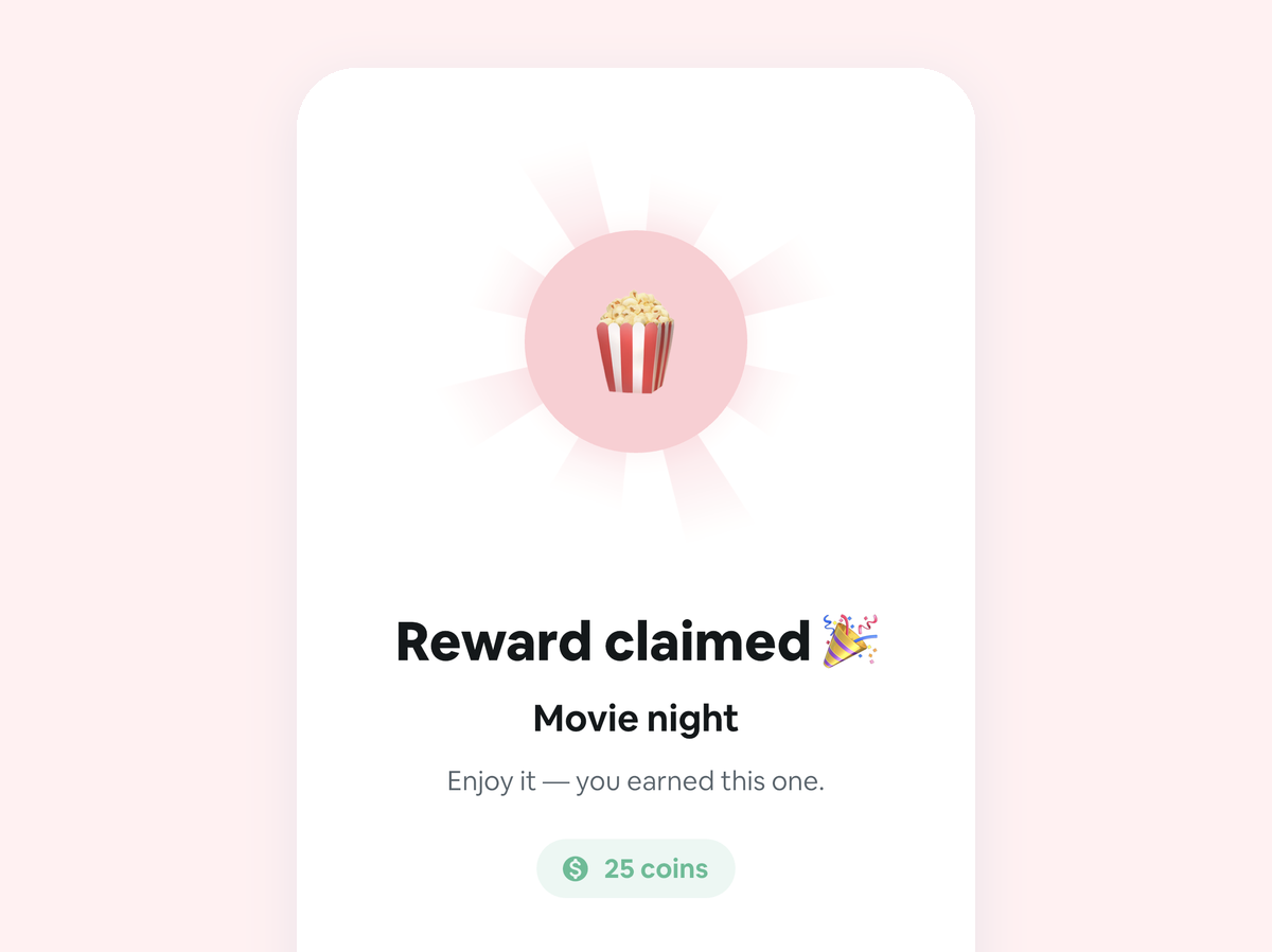 Claiming a reward in Habit Rewards: Movie night for 25 coins