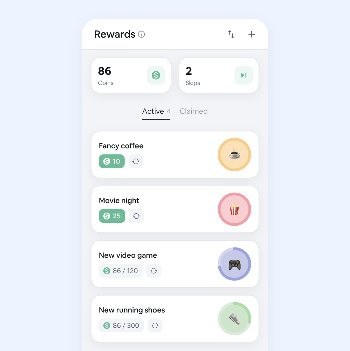 Habit Rewards reward list: rewards with a coin price and progress toward each