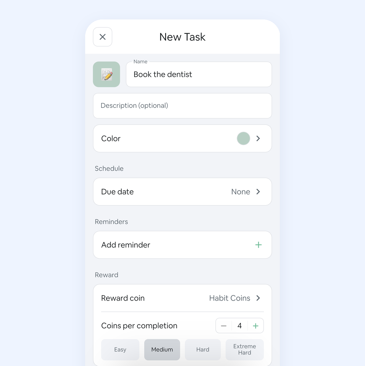 The New Task form: name, due date, reminders and coins