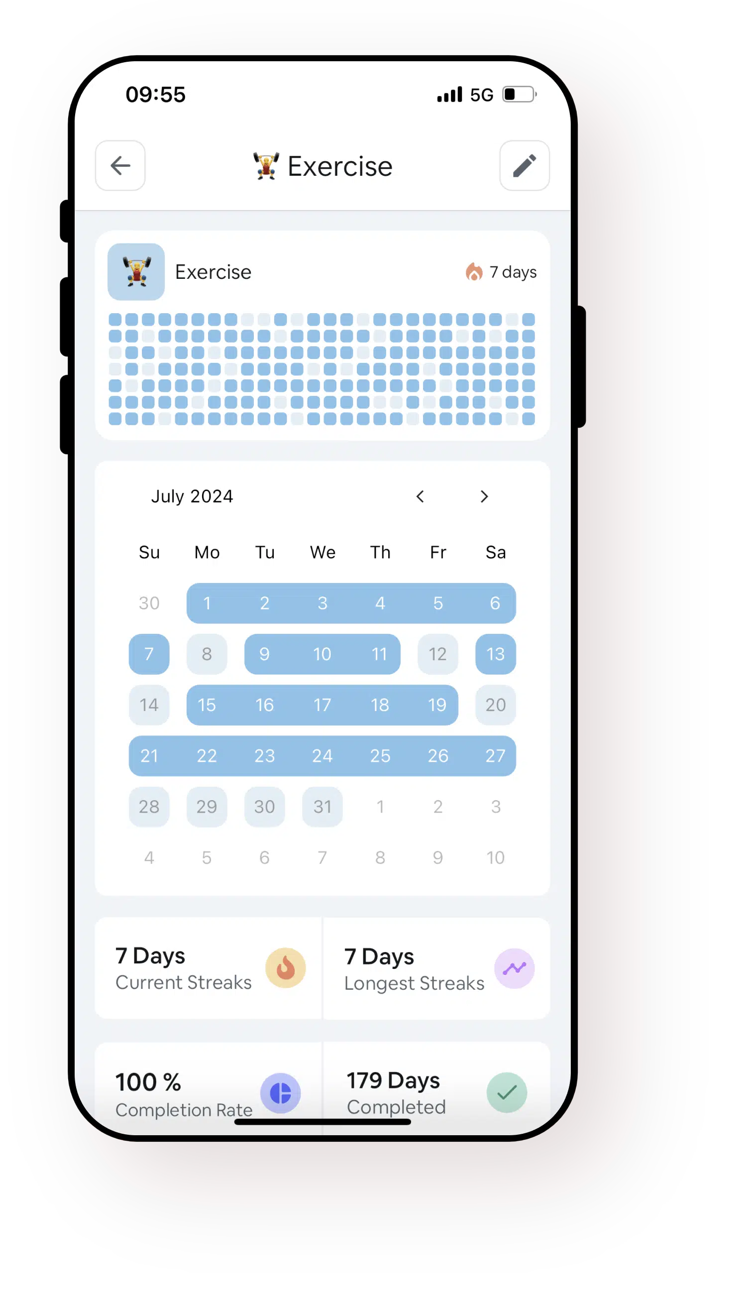 Screenshot of statistics summary page with calendar view