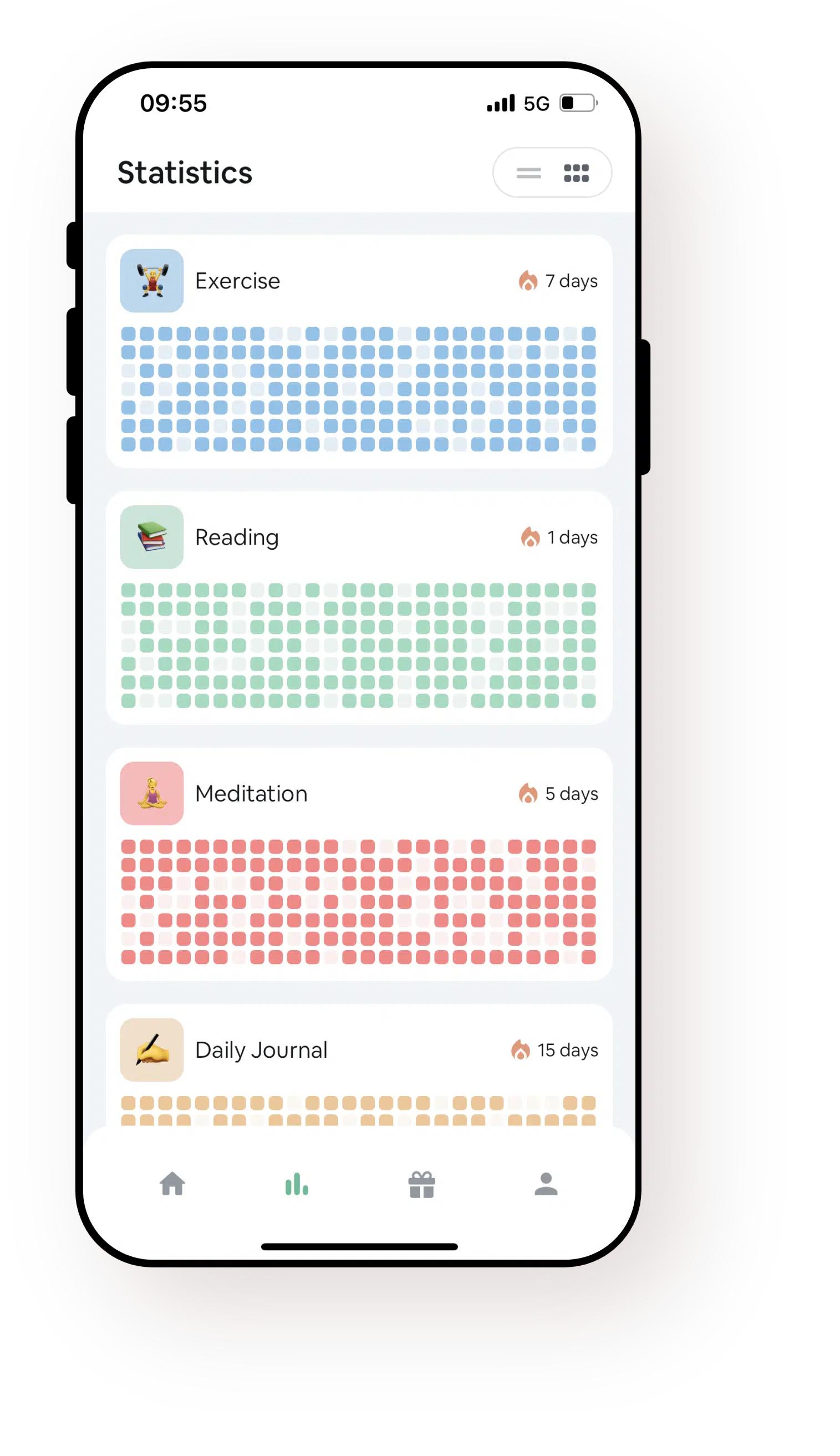 Screenshot of statistics summary page with calendar view