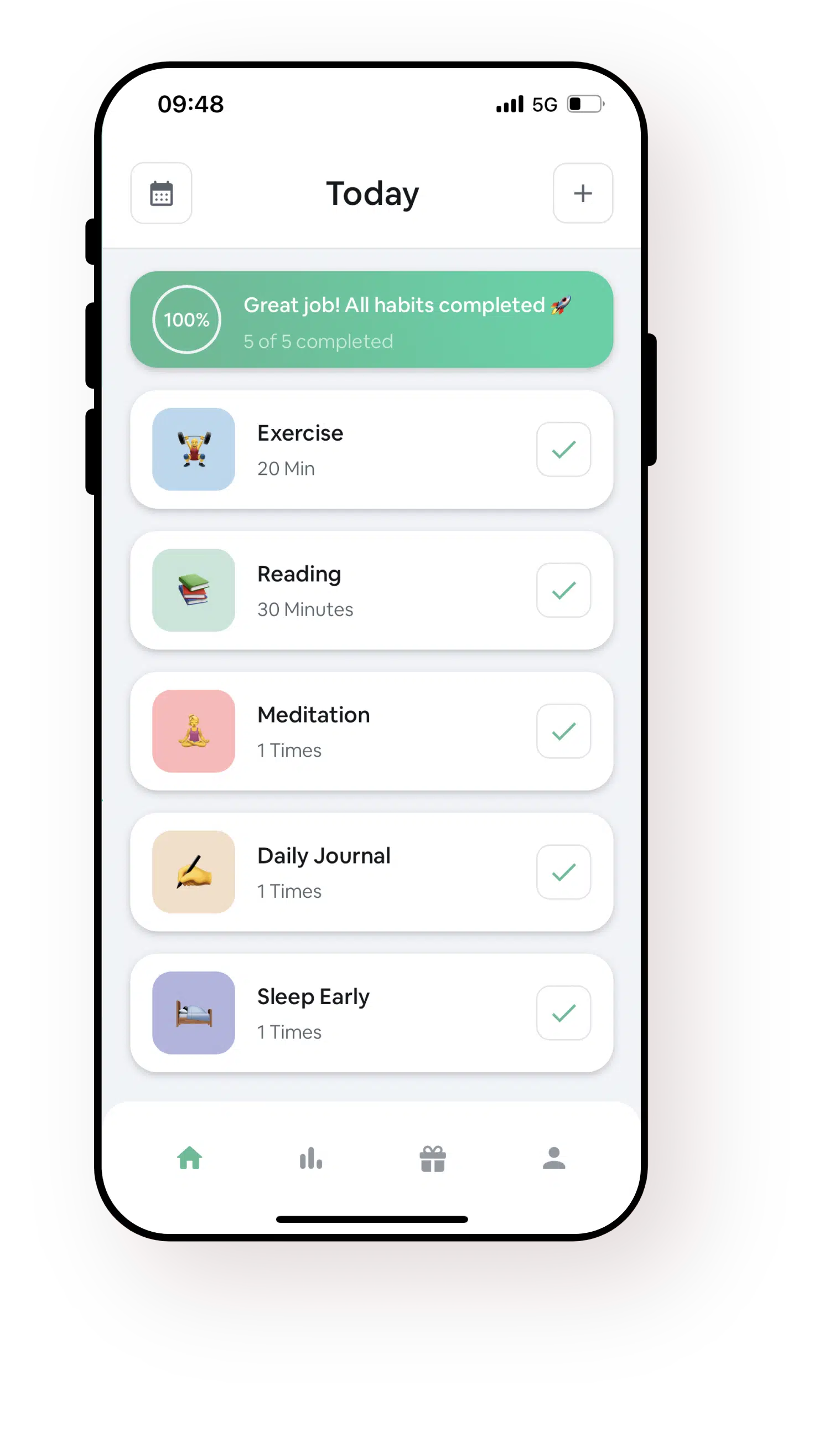 Screenshot of home screen with a list of habits