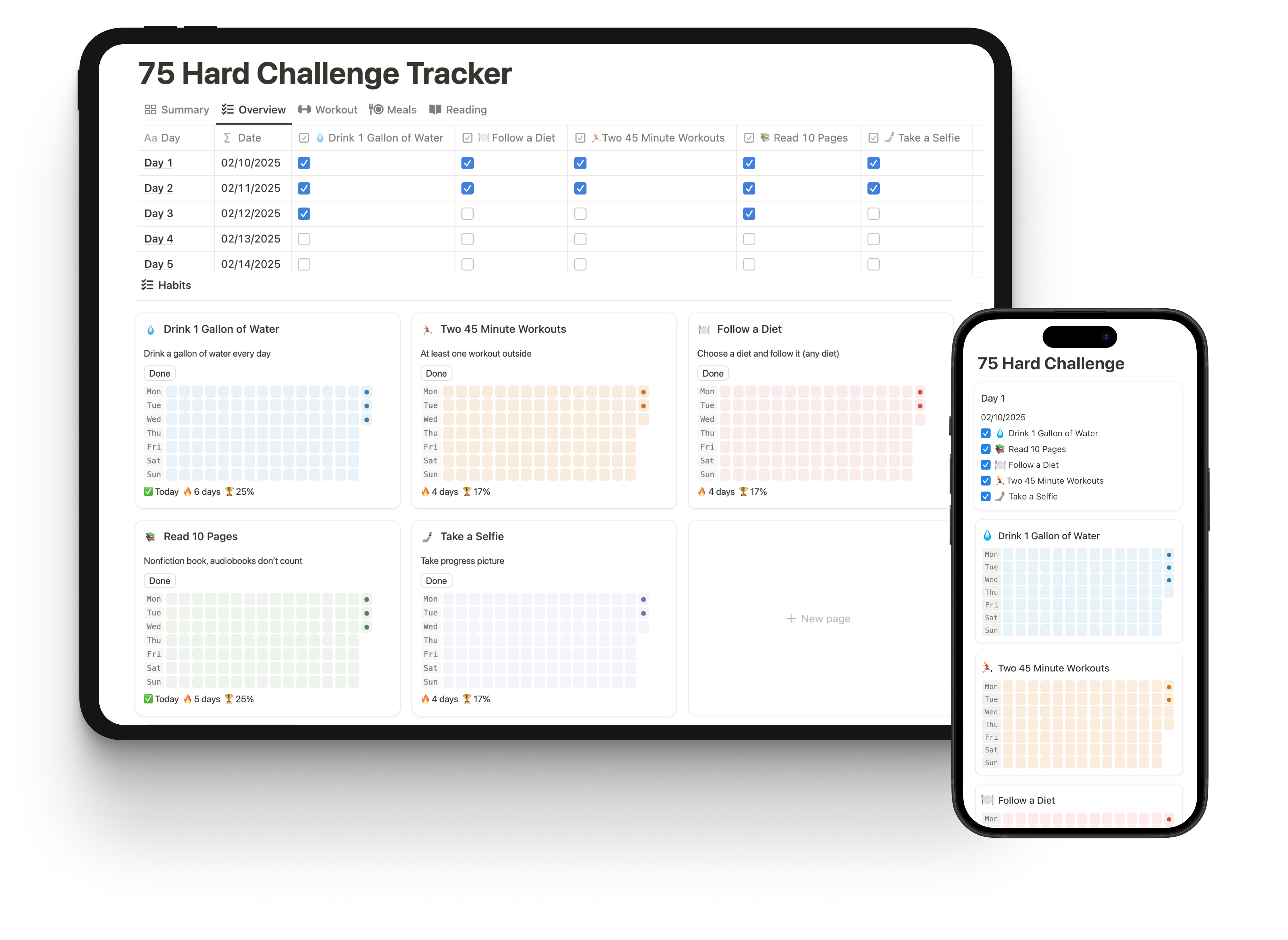 Aesthetic 75 Hard Challenge Tracker Notion Template, Beautiful Tracker